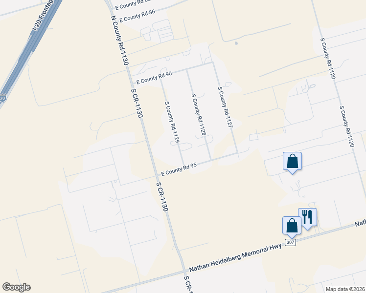 map of restaurants, bars, coffee shops, grocery stores, and more near 1401 South County Road 1129 in Midland