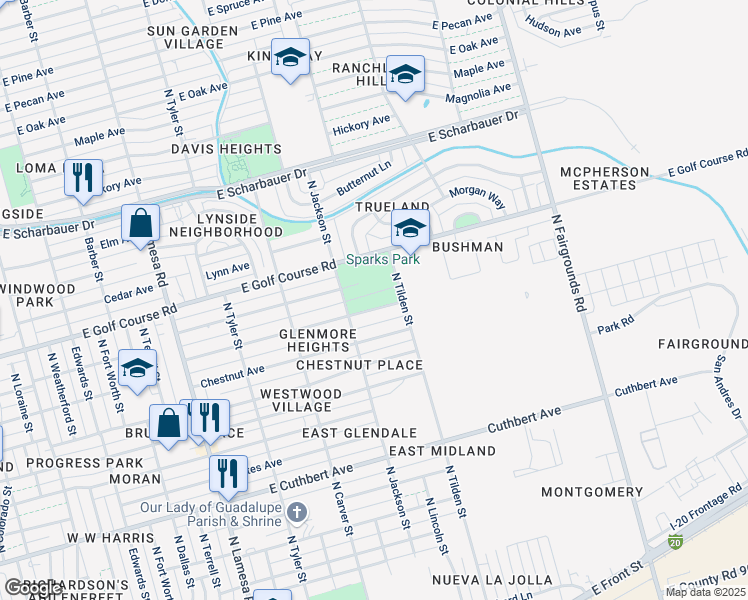 map of restaurants, bars, coffee shops, grocery stores, and more near 1417 East Jax Avenue in Midland