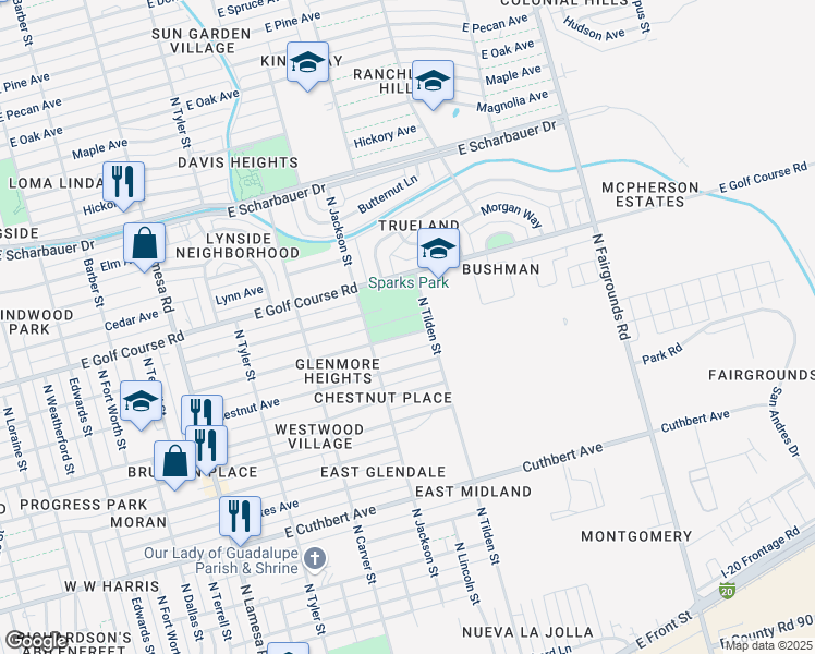 map of restaurants, bars, coffee shops, grocery stores, and more near 1417 East Jax Avenue in Midland