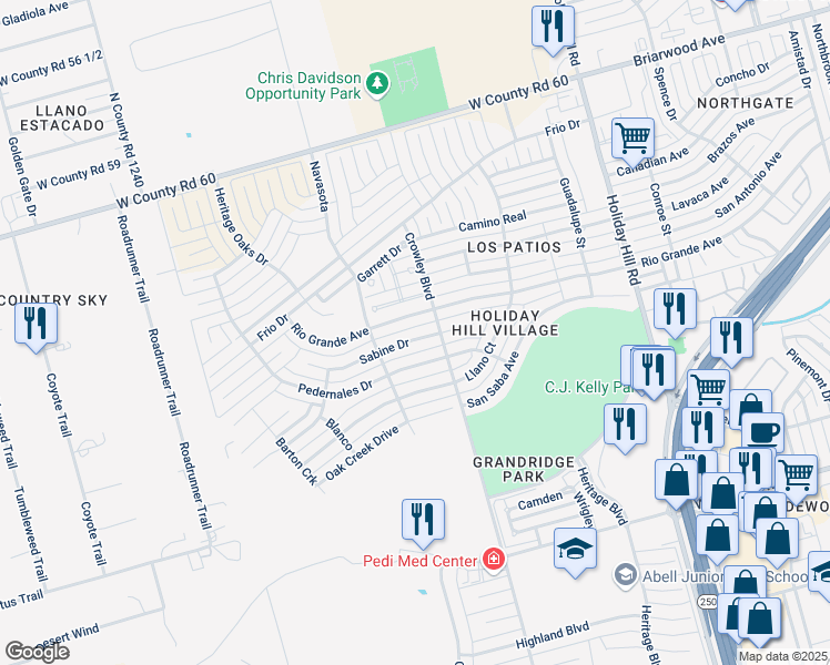 map of restaurants, bars, coffee shops, grocery stores, and more near 5812 Sabine Drive in Midland