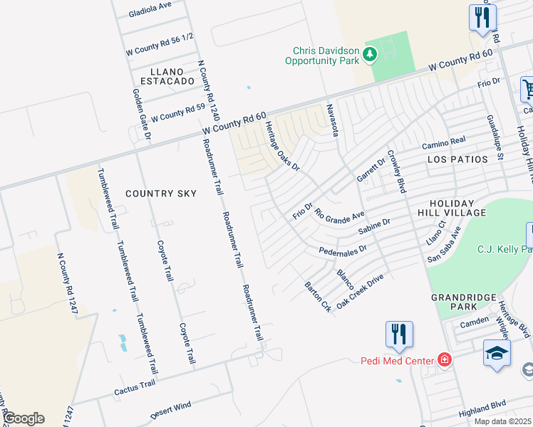 map of restaurants, bars, coffee shops, grocery stores, and more near Pedernales Drive in Midland
