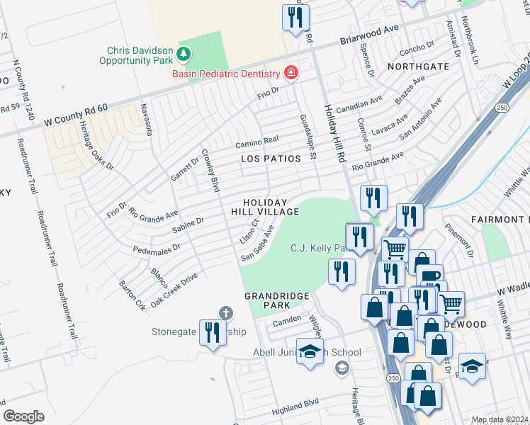 map of restaurants, bars, coffee shops, grocery stores, and more near 5615 Llano Court in Midland