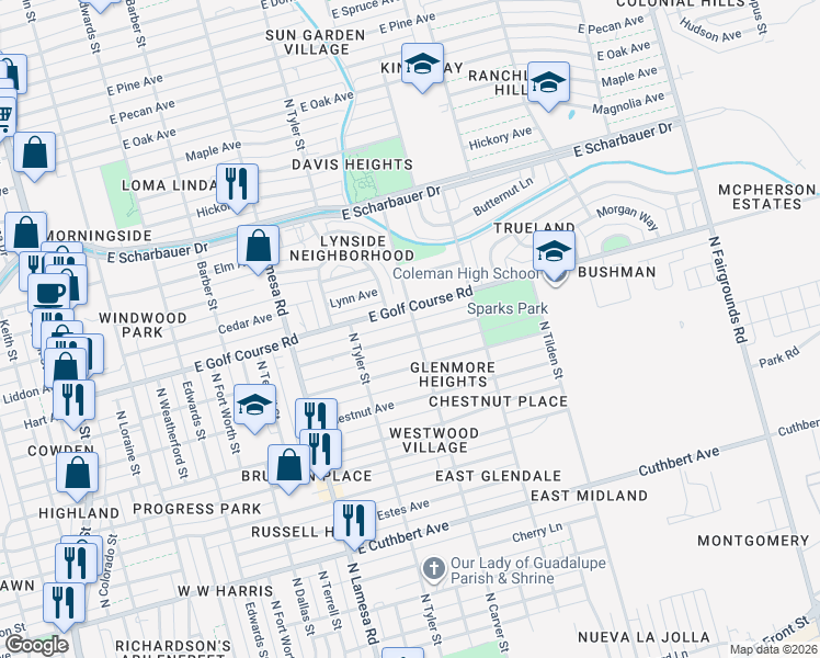 map of restaurants, bars, coffee shops, grocery stores, and more near 1223 East Hamby Avenue in Midland