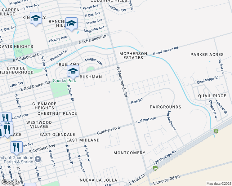 map of restaurants, bars, coffee shops, grocery stores, and more near 1401 North Fairgrounds Road in Midland