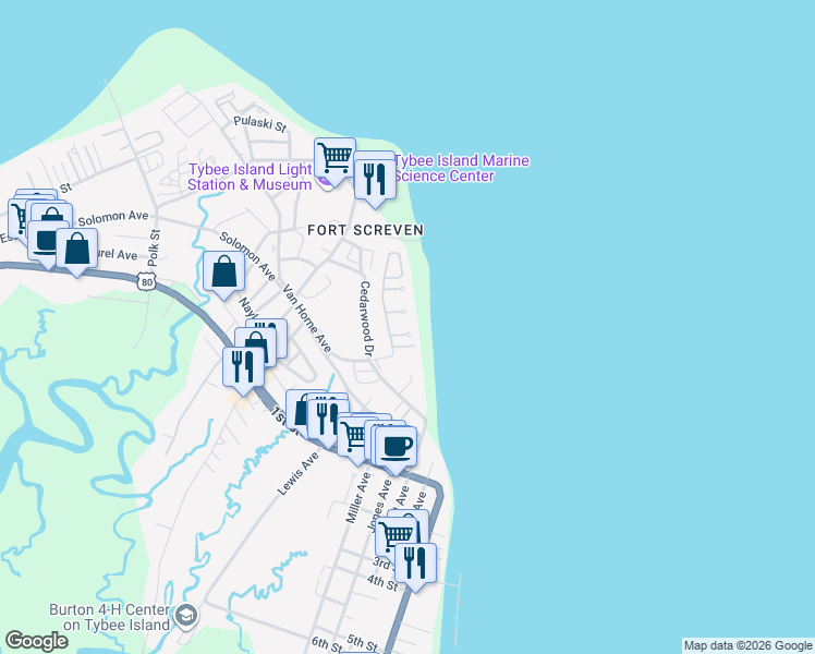 map of restaurants, bars, coffee shops, grocery stores, and more near 6 Beachwood Court in Tybee Island