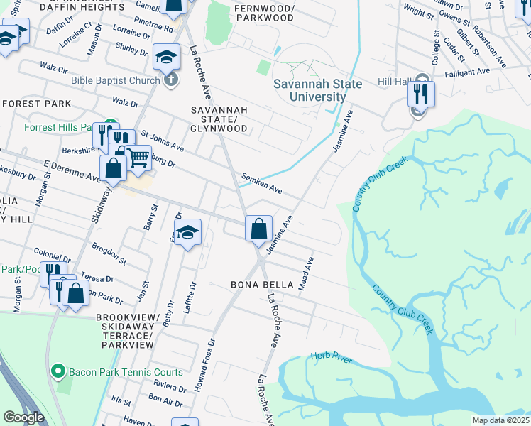 map of restaurants, bars, coffee shops, grocery stores, and more near 6 Oak Forest Lane in Savannah