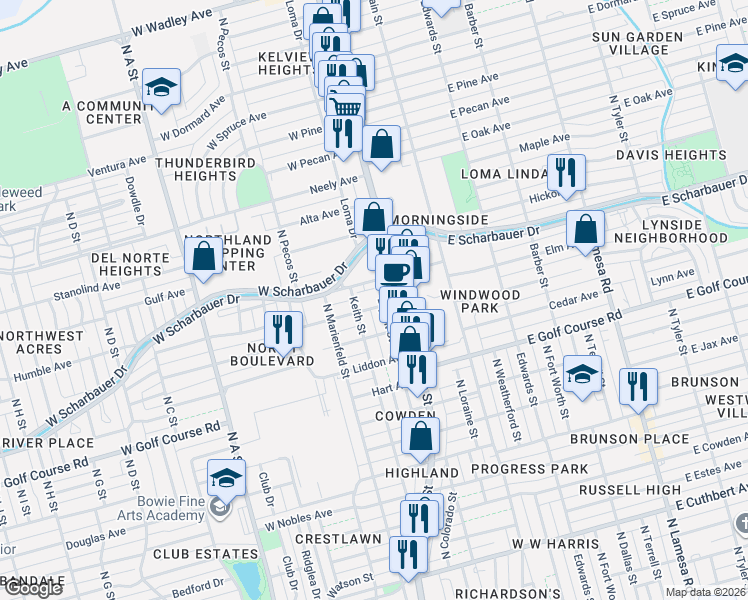 map of restaurants, bars, coffee shops, grocery stores, and more near 401-499 George Avenue in Midland