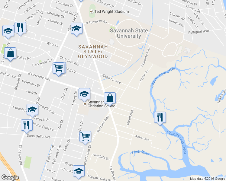 map of restaurants, bars, coffee shops, grocery stores, and more near 13 Oak Forest Lane in Savannah