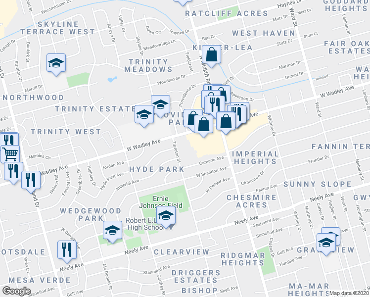 map of restaurants, bars, coffee shops, grocery stores, and more near 3329 West Wadley Avenue in Midland