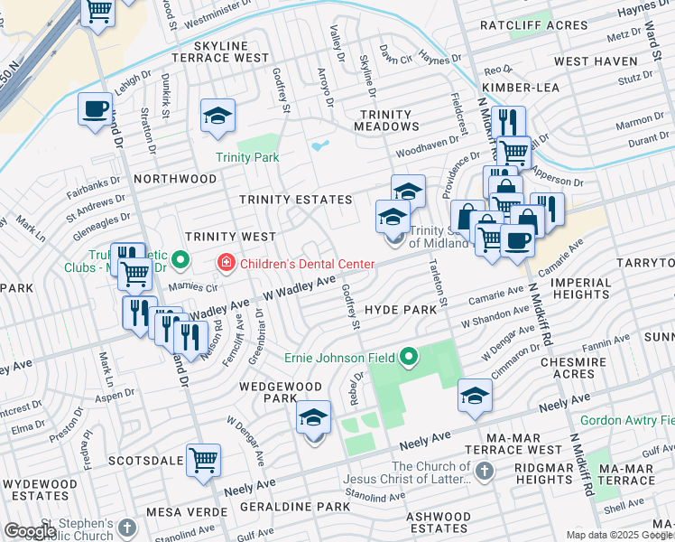 map of restaurants, bars, coffee shops, grocery stores, and more near 3603 West Wadley Avenue in Midland
