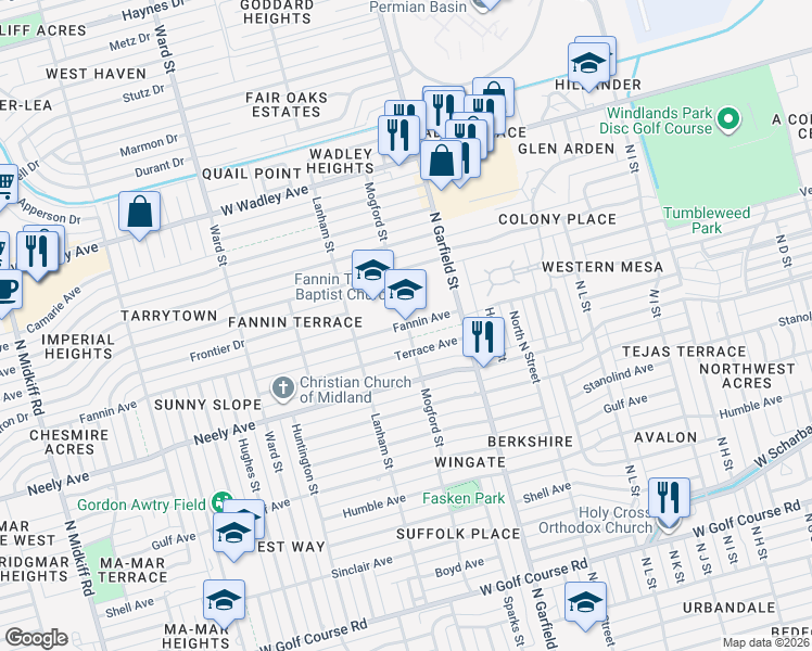 map of restaurants, bars, coffee shops, grocery stores, and more near 2400 Fannin Avenue in Midland