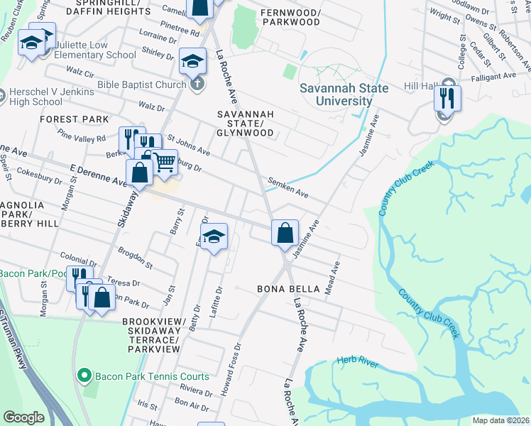 map of restaurants, bars, coffee shops, grocery stores, and more near La Roche Court in Savannah