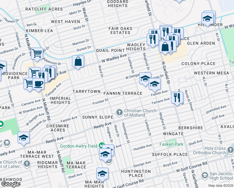 map of restaurants, bars, coffee shops, grocery stores, and more near 2605 Frontier Drive in Midland
