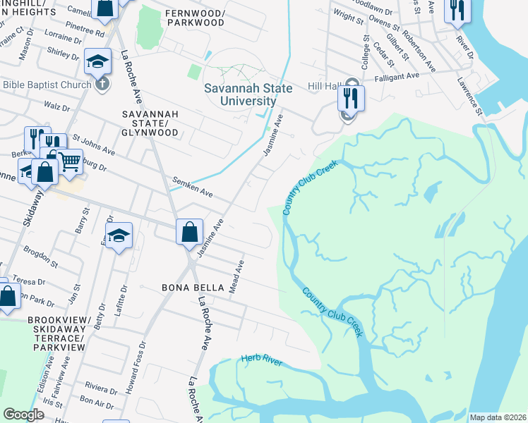 map of restaurants, bars, coffee shops, grocery stores, and more near 151 Bluffside Circle in Savannah