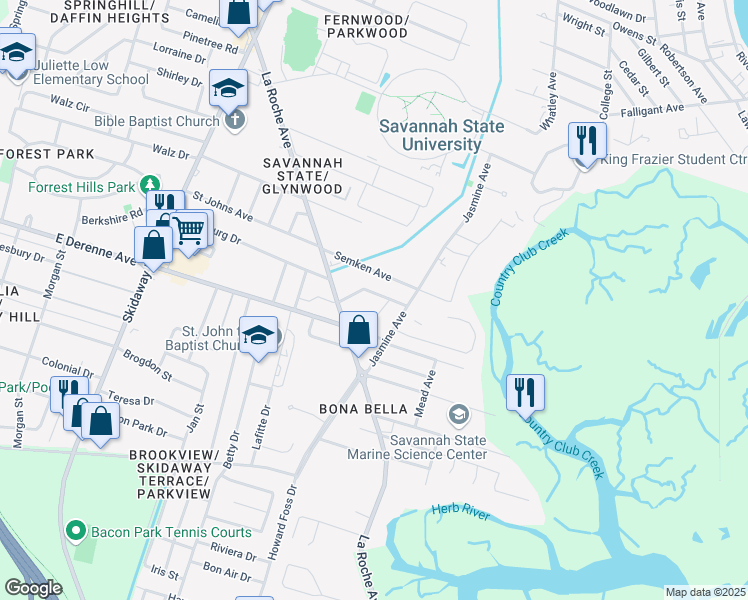 map of restaurants, bars, coffee shops, grocery stores, and more near 13 Oak Forest Lane in Savannah