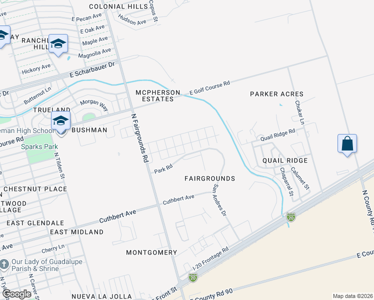 map of restaurants, bars, coffee shops, grocery stores, and more near 1320 North Fairgrounds Road in Midland