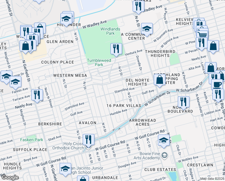 map of restaurants, bars, coffee shops, grocery stores, and more near 2104 Oaklawn Drive in Midland