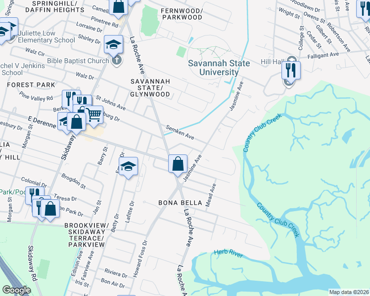 map of restaurants, bars, coffee shops, grocery stores, and more near 13 Oak Forest Lane in Savannah