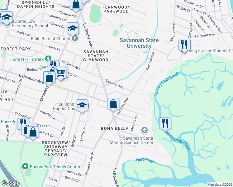 map of restaurants, bars, coffee shops, grocery stores, and more near 13 Oak Forest Lane in Savannah