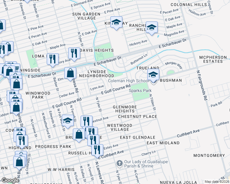 map of restaurants, bars, coffee shops, grocery stores, and more near 1223 East Hamby Avenue in Midland