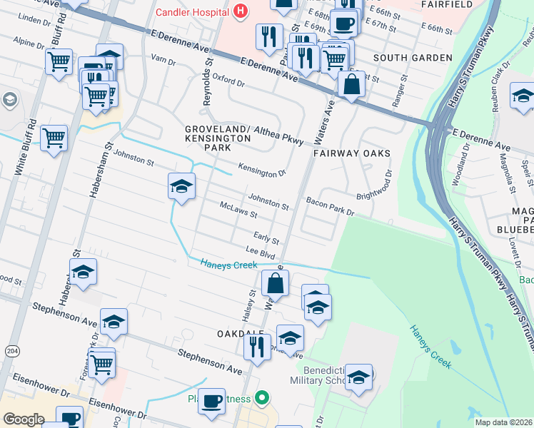 map of restaurants, bars, coffee shops, grocery stores, and more near 626 McLaws Street in Savannah