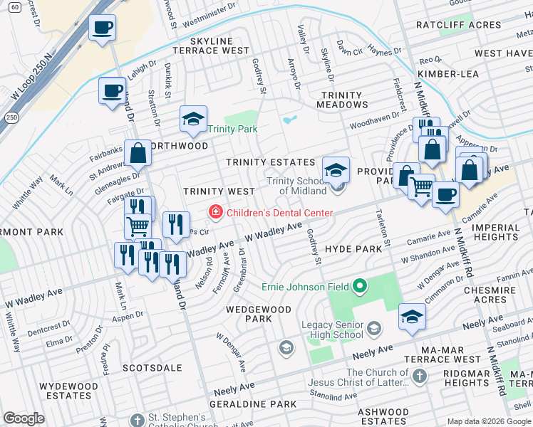 map of restaurants, bars, coffee shops, grocery stores, and more near 3405 Godfrey Street in Midland