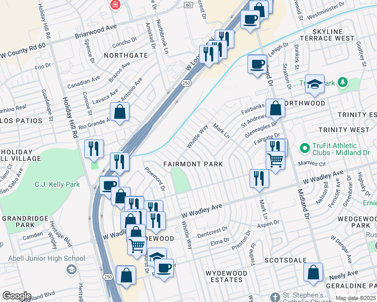 map of restaurants, bars, coffee shops, grocery stores, and more near 3705-3707 Crestmont Drive in Midland