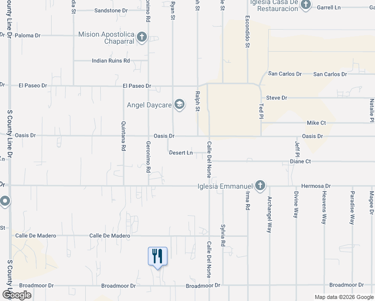 map of restaurants, bars, coffee shops, grocery stores, and more near 855 Desert Lane in Chaparral