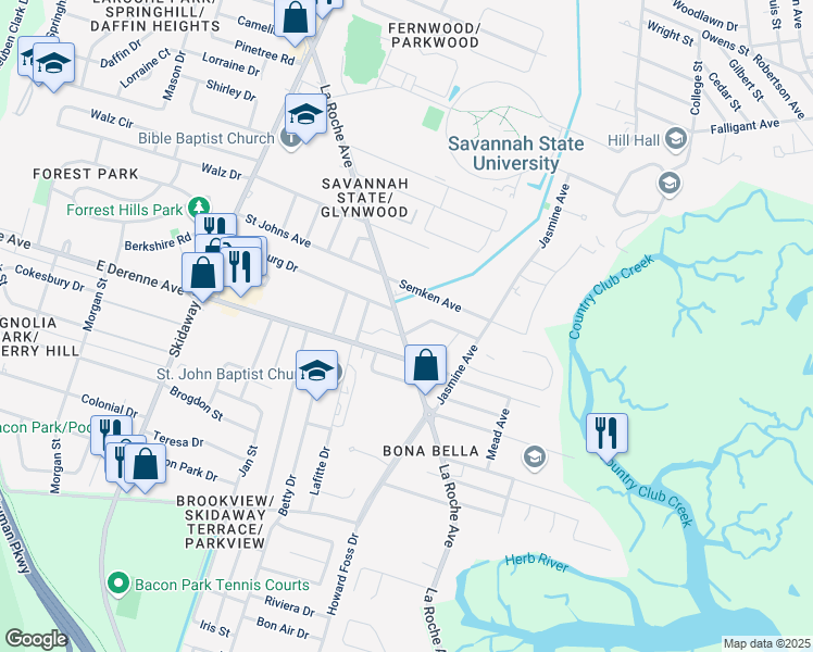 map of restaurants, bars, coffee shops, grocery stores, and more near 2415 Vicksburg Drive in Savannah