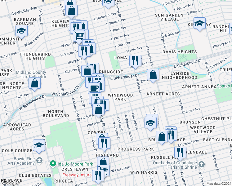 map of restaurants, bars, coffee shops, grocery stores, and more near 2000 North Main Street in Midland