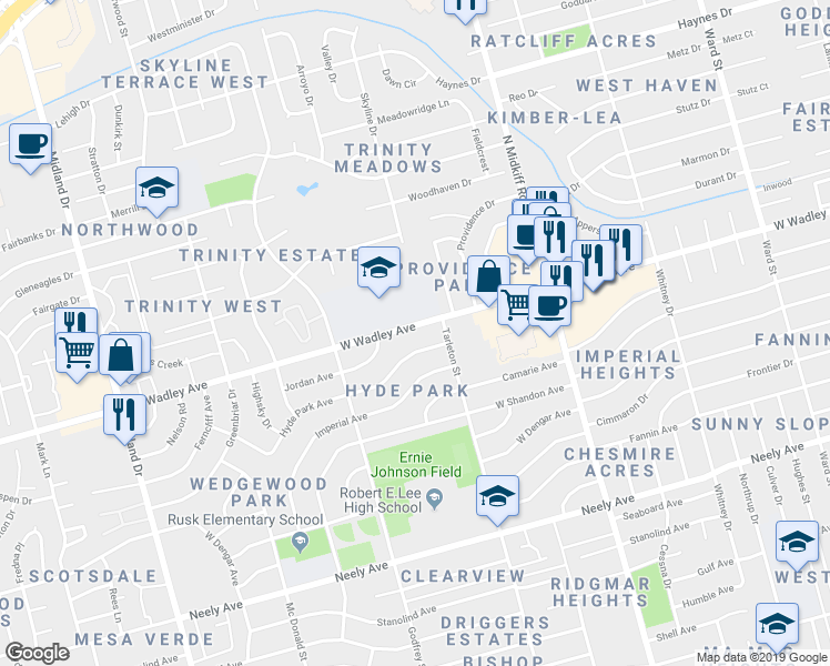 map of restaurants, bars, coffee shops, grocery stores, and more near 3509 West Wadley Avenue in Midland