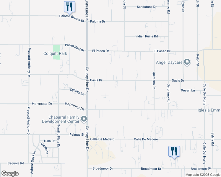 map of restaurants, bars, coffee shops, grocery stores, and more near 729 Oasis Drive in Chaparral