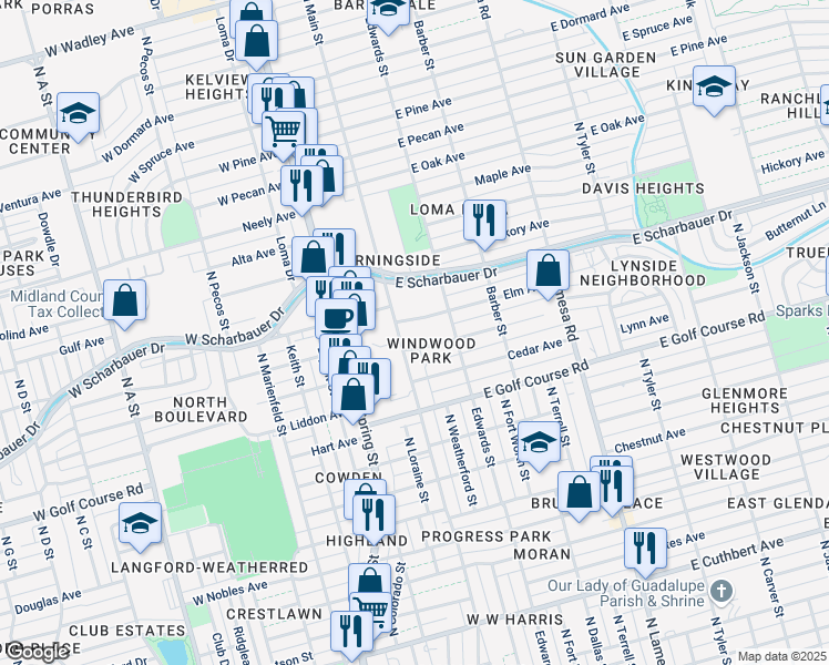 map of restaurants, bars, coffee shops, grocery stores, and more near 2000 North Main Street in Midland