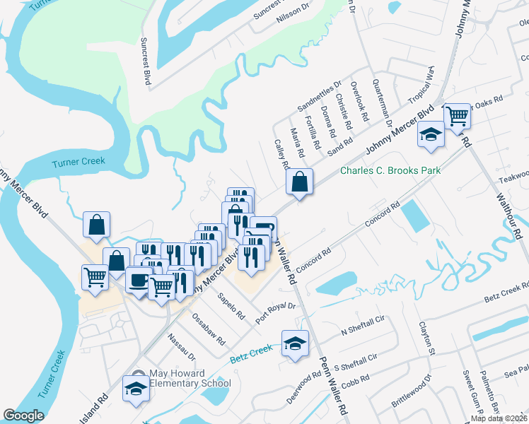 map of restaurants, bars, coffee shops, grocery stores, and more near 201 Hillary Road in Savannah