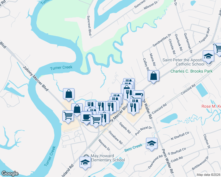 map of restaurants, bars, coffee shops, grocery stores, and more near 450 Johnny Mercer Boulevard in Savannah
