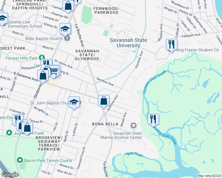 map of restaurants, bars, coffee shops, grocery stores, and more near 2514 Oak Forest Drive in Savannah