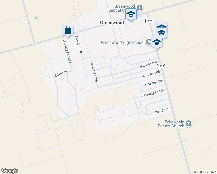 map of restaurants, bars, coffee shops, grocery stores, and more near 10509 East County Road 105 in Midland