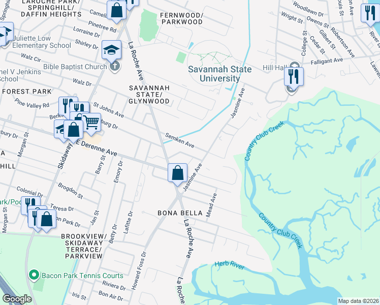 map of restaurants, bars, coffee shops, grocery stores, and more near 2514 Oak Forest Drive in Savannah