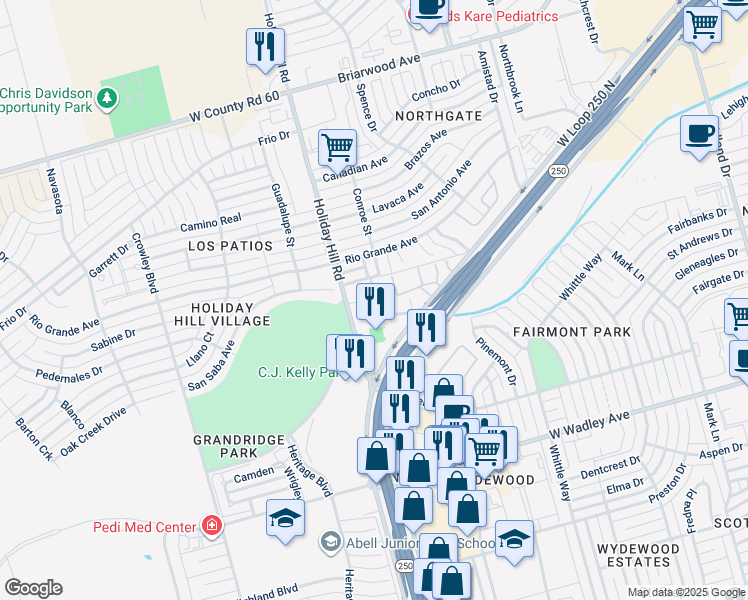 map of restaurants, bars, coffee shops, grocery stores, and more near 3814 Holiday Hill Road in Midland
