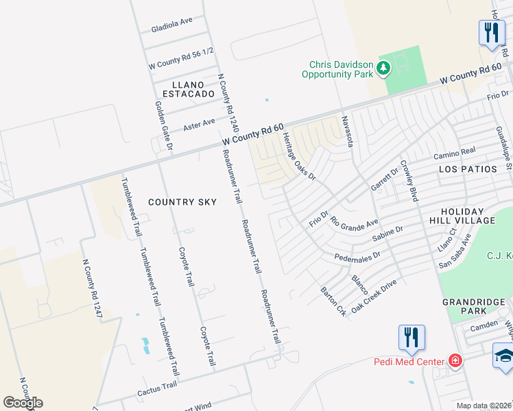 map of restaurants, bars, coffee shops, grocery stores, and more near 4316 Roadrunner Trail in Midland