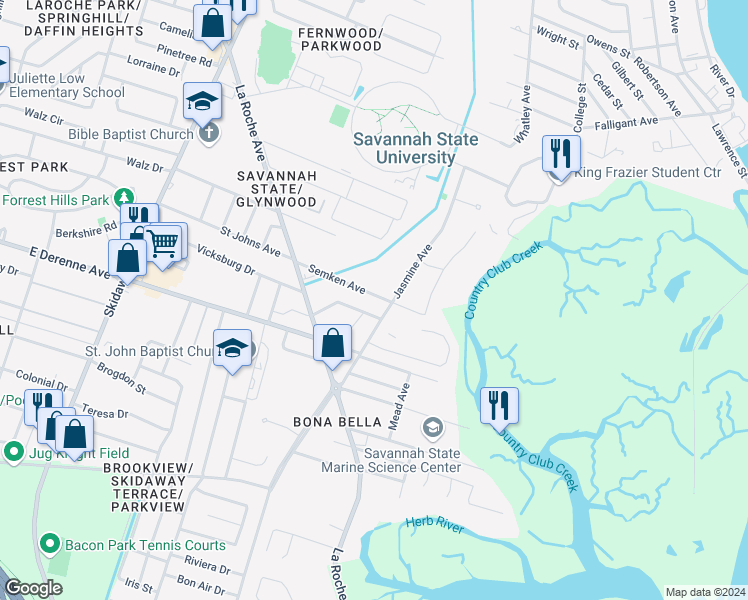 map of restaurants, bars, coffee shops, grocery stores, and more near 2534 Semken Avenue in Savannah