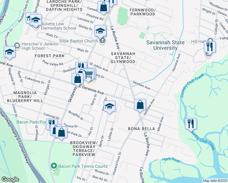map of restaurants, bars, coffee shops, grocery stores, and more near 2232 East DeRenne Avenue in Savannah