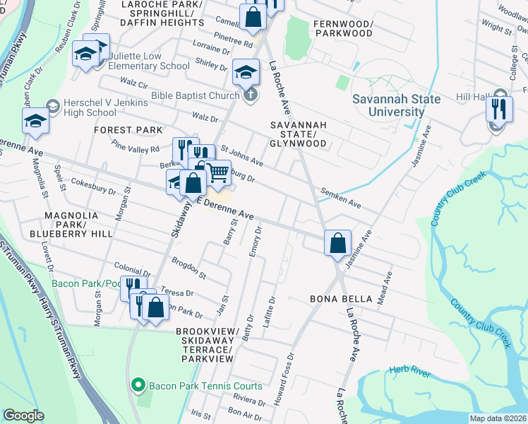 map of restaurants, bars, coffee shops, grocery stores, and more near 2232 East DeRenne Avenue in Savannah