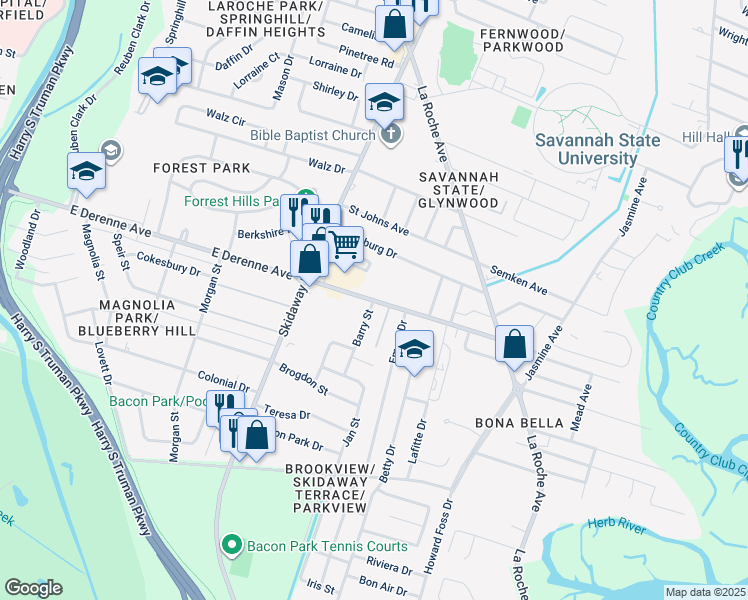 map of restaurants, bars, coffee shops, grocery stores, and more near 2220 East DeRenne Avenue in Savannah