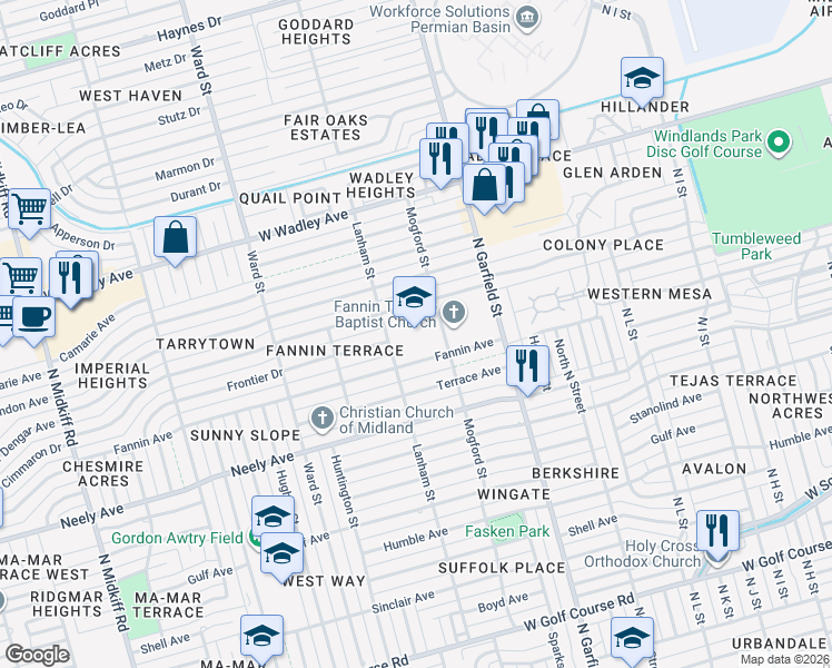 map of restaurants, bars, coffee shops, grocery stores, and more near 2400 Fannin Avenue in Midland