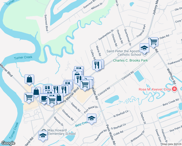 map of restaurants, bars, coffee shops, grocery stores, and more near 6612 Johnny Mercer Boulevard in Savannah