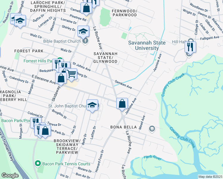 map of restaurants, bars, coffee shops, grocery stores, and more near 2415 Vicksburg Drive in Savannah