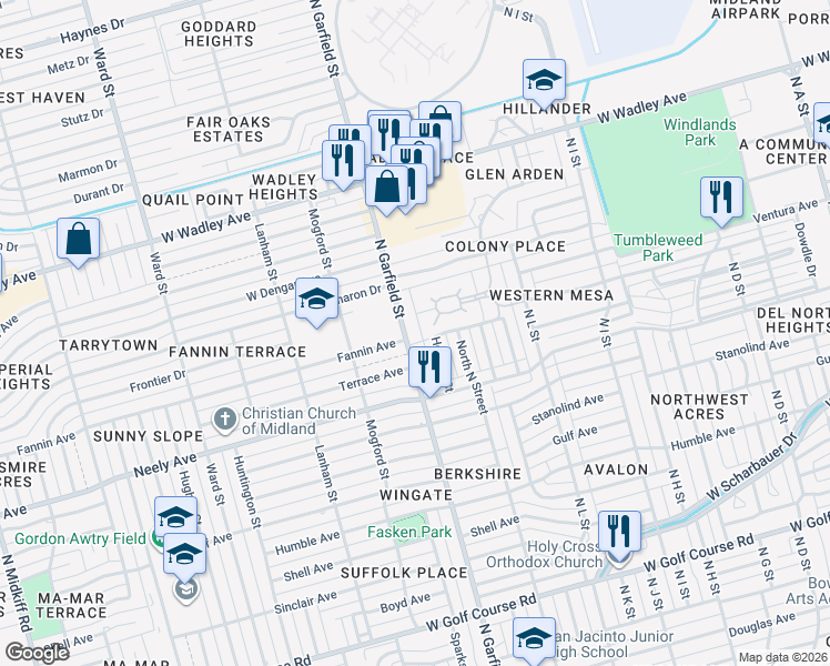 map of restaurants, bars, coffee shops, grocery stores, and more near 2706 N Garfield St in Midland