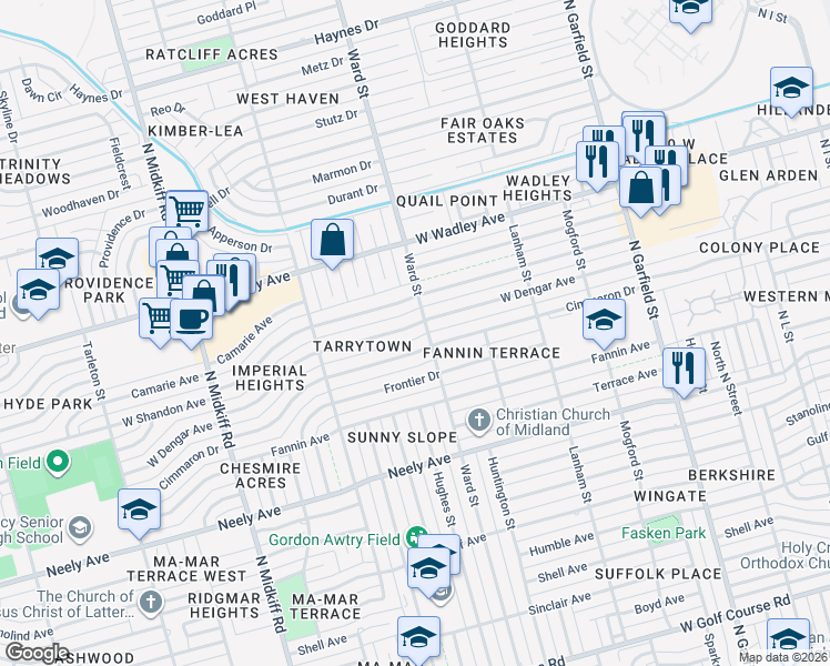 map of restaurants, bars, coffee shops, grocery stores, and more near 2611 West Dengar Avenue in Midland