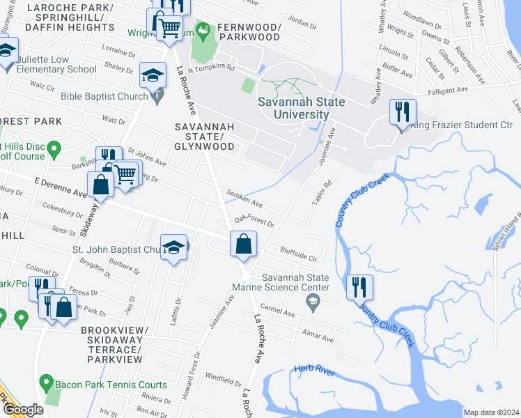 map of restaurants, bars, coffee shops, grocery stores, and more near 2534 Semken Avenue in Savannah